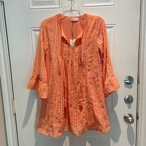 Boutique Apricot Bell Sleeve Boho Dress Size Small NEW Lace Tassels Peach Shift